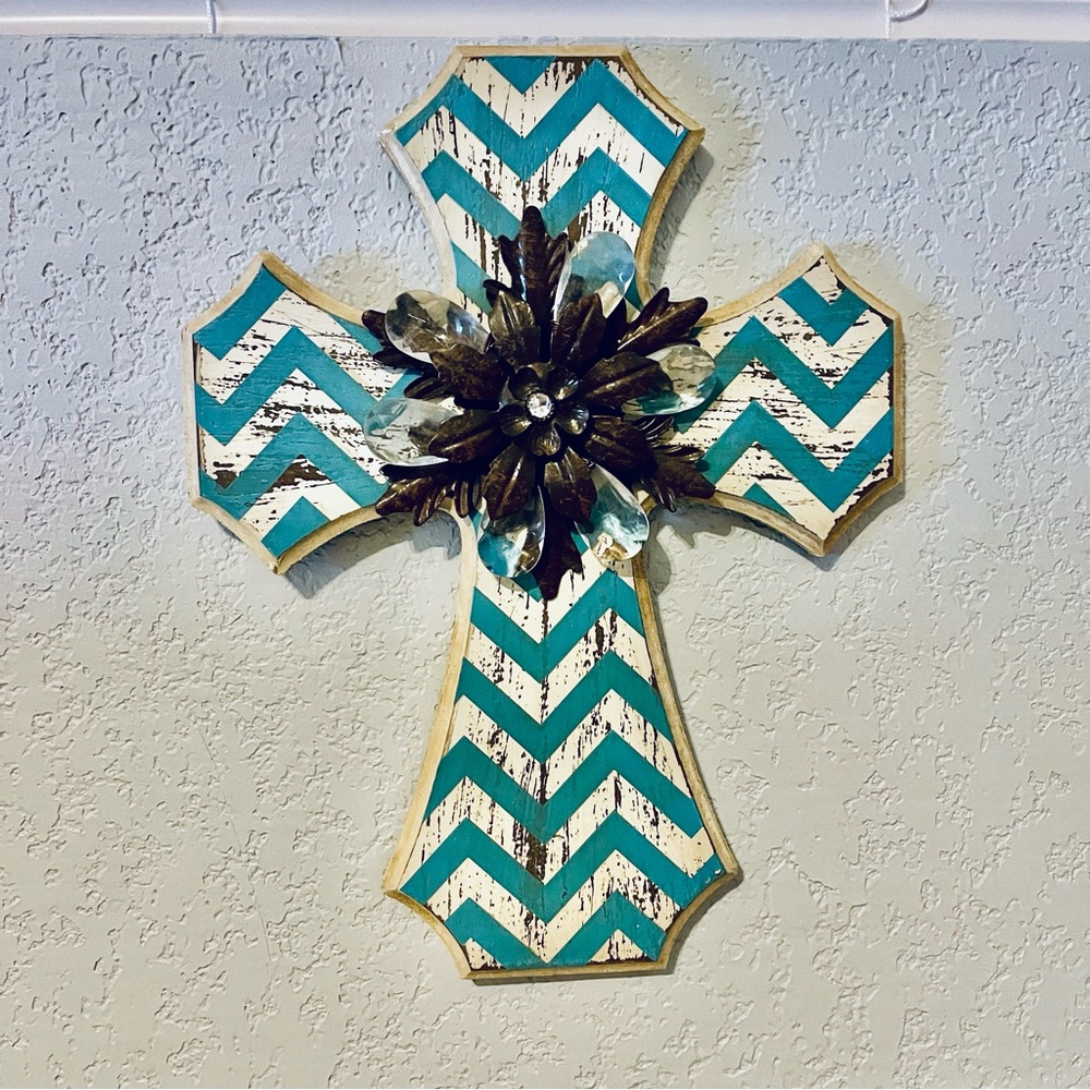 Turquoise and off white chevron painted cross with metal and rhinestone accents